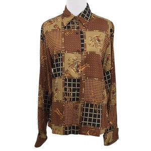 British Khaki Shirt Womens 10 Tan Brown Patchwork Print Button Up Equestrian
